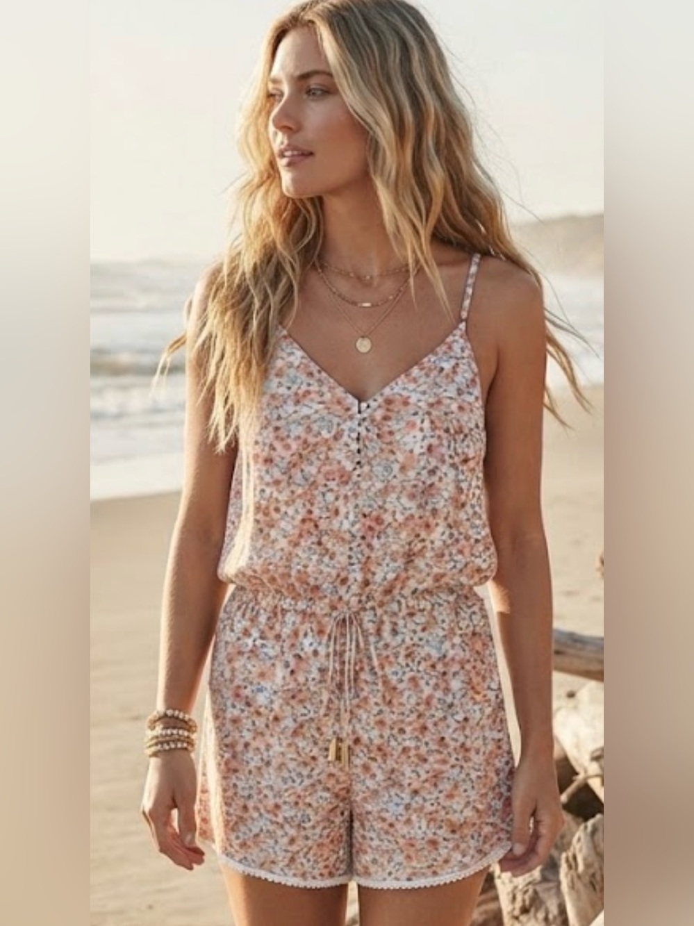 Bishop + Young Floral Print Peach Spaghetti-Strap Jumpsuit